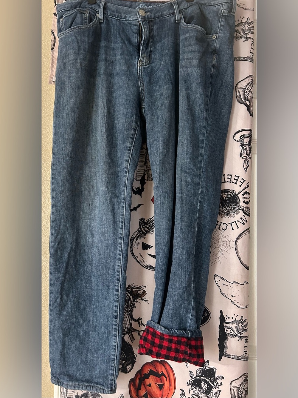 Eddie Bauer Straight-Leg Denim Jeans in Mid Blue with Plaid flannel inside.